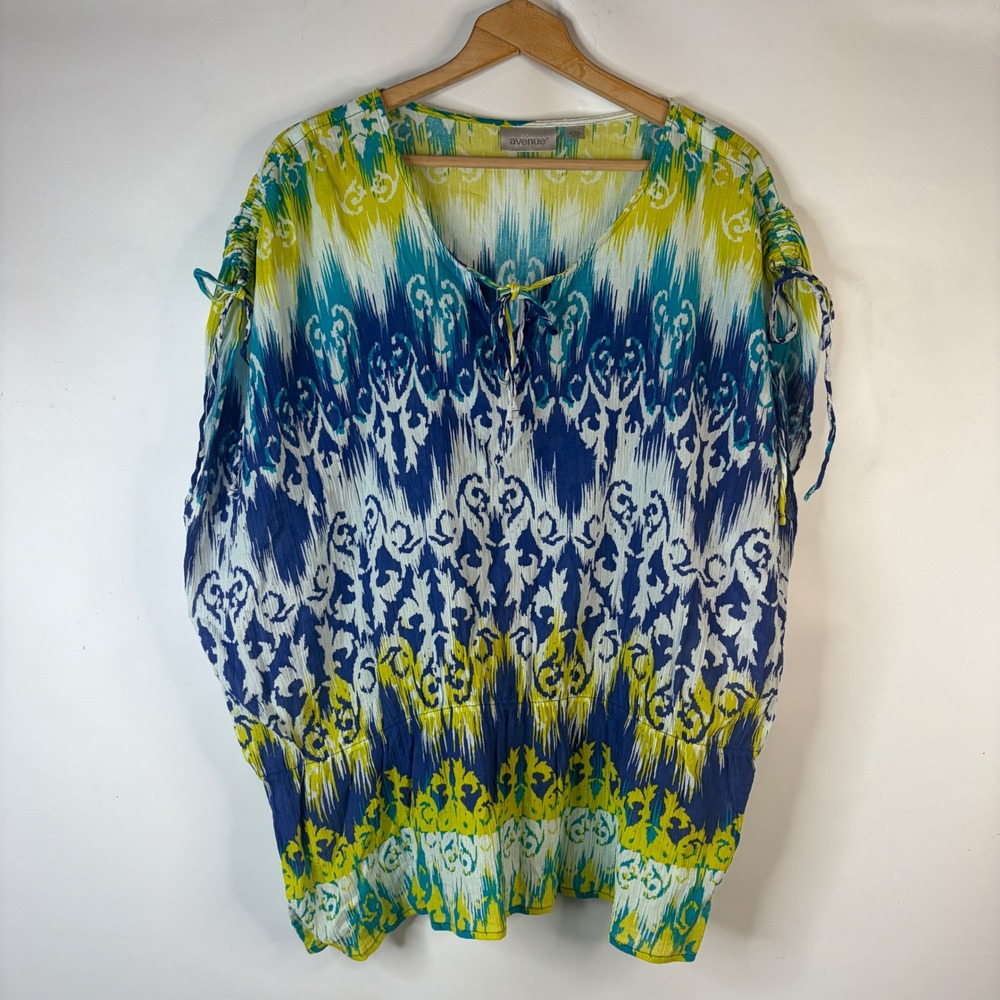 Avenue Tunic Top Women 22/24 Blue Yellow Ikat Damask Cotton Gauze Boho Tunic